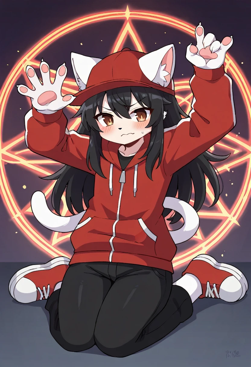 masterpiece, best quality, expressive eyes, perfect face, a man get transformed into a furry cat, furry cat, white fur, cat tail, cat ears, solo, surpriced, blushed, black hair, long hair, red baseball cap, black shirt, red hoodie, black sports pants, red sport shoes, brown eyes, full body, in a magic maze, glitter, embarrassed pose, magic circle on the floor.