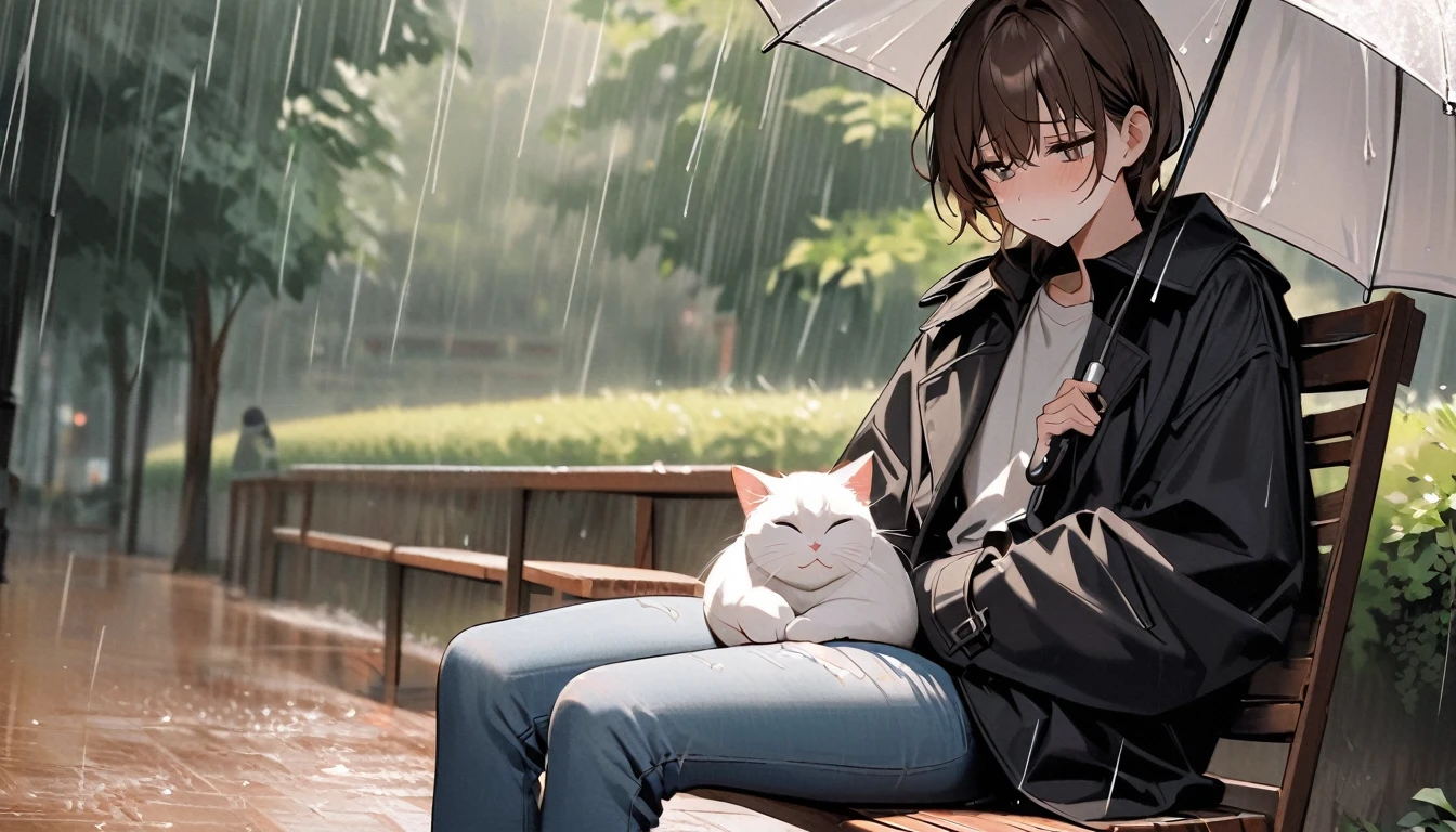 Beautiful and cute,single,long brown hair,Eyes sparkling, beautiful, outstanding,black coat,Jeans,Make a depressed face,Sitting on a wooden chair in the park,There was a fat white cat lying on his lap.,Open an umbrella and the atmosphere is raining a little.,frontal photo,Lonely mood