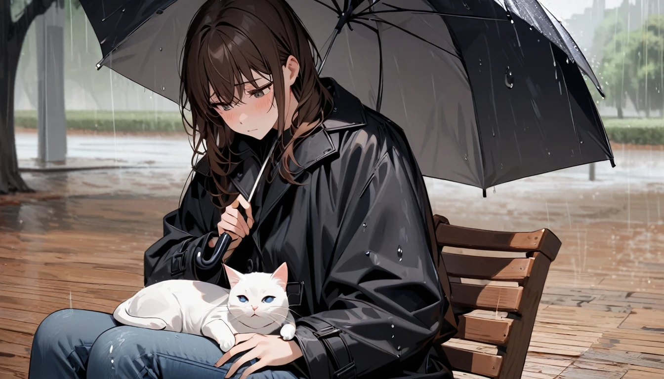 Beautiful and cute,single,long brown hair,Eyes sparkling, beautiful, outstanding,black coat,Jeans,Make a depressed face,Sitting on a wooden chair in the park,There was a fat white cat lying on his lap.,Open an umbrella and the atmosphere is raining a little.,frontal photo,Lonely mood