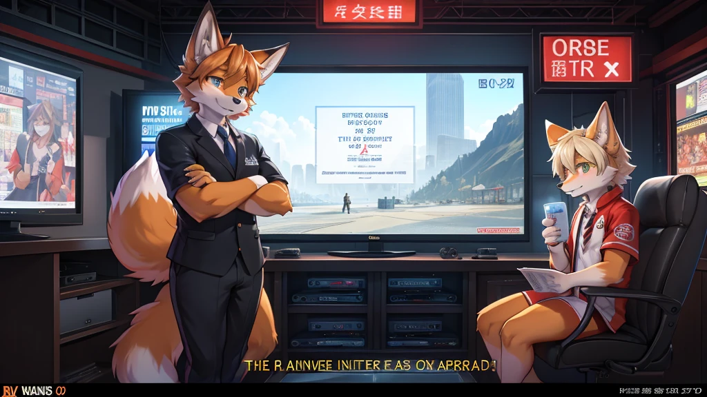 fox boy,Television anchor,8k resolution,high resolution,最high resolution,News-like caption,Broadcasting station logo,Casual wear,Display the emergency alert message below,Like I was in a hurry.,earthquake