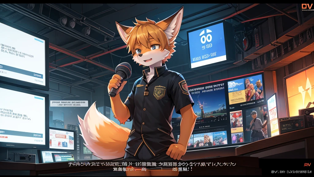 fox boy,Television anchor,8k resolution,high resolution,最high resolution,News-like caption,Broadcasting station logo,Casual wear,Display the emergency alert message below,Like I was in a hurry.,earthquake