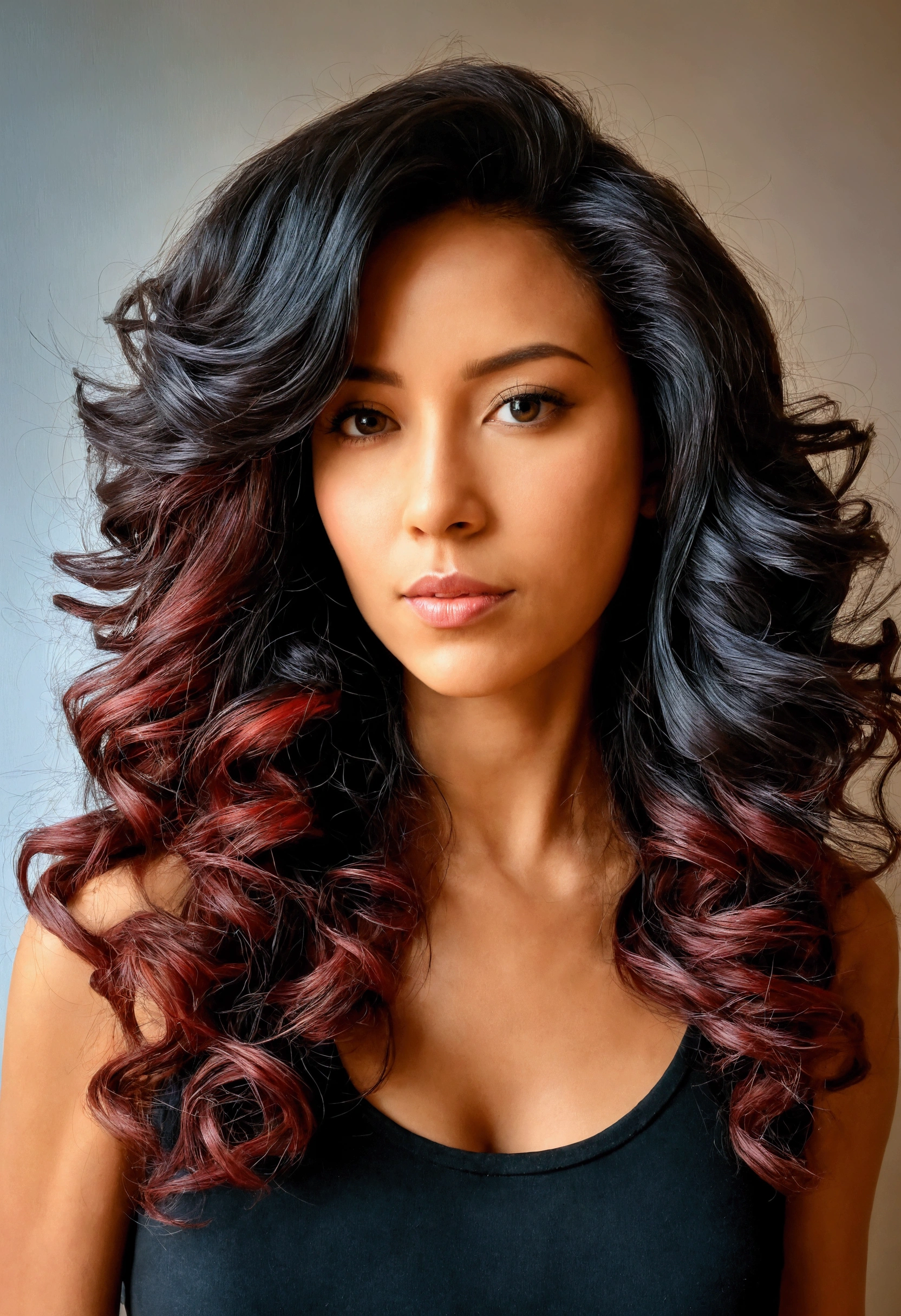 cropped woman with long black hair and red and black hair, vibrant dark wavy hair, long wavy black hair, dressed with a biker style leather jacket
