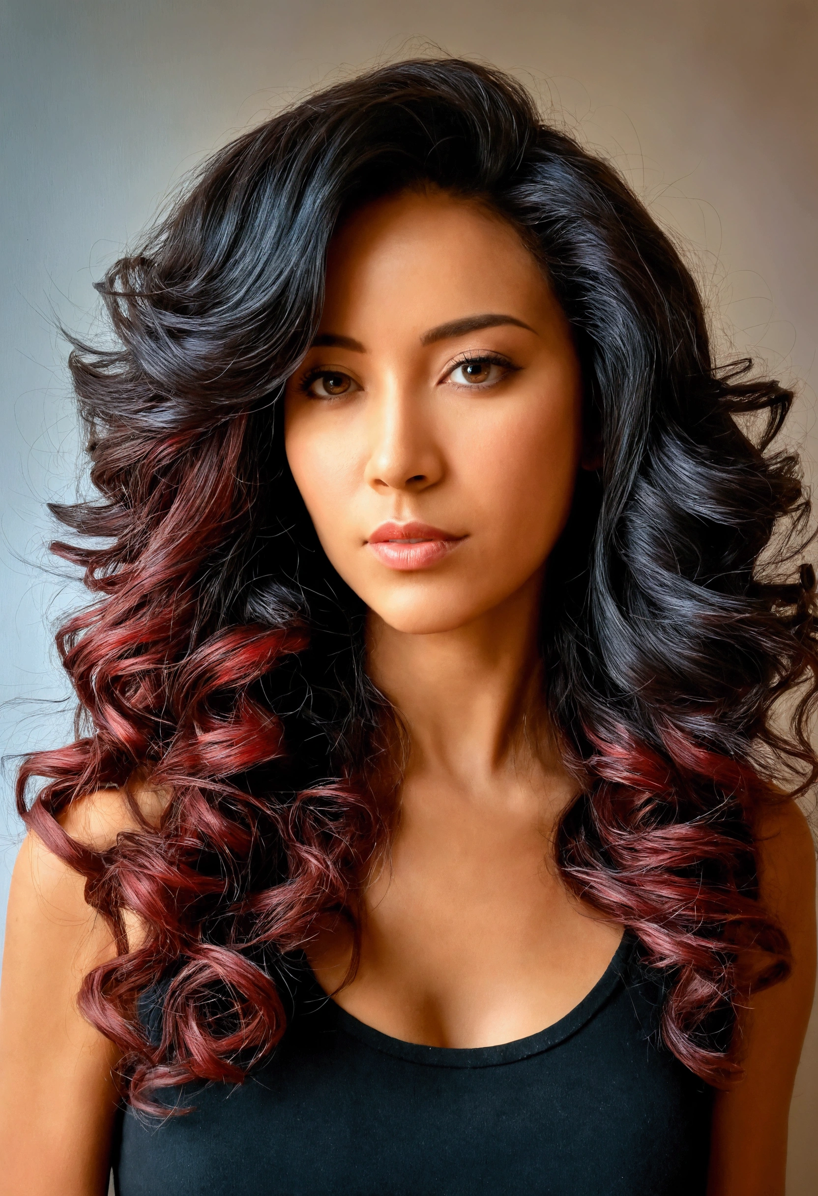 cropped woman with long black hair and red and black hair, vibrant dark wavy hair, long wavy black hair, dressed with a biker style leather jacket