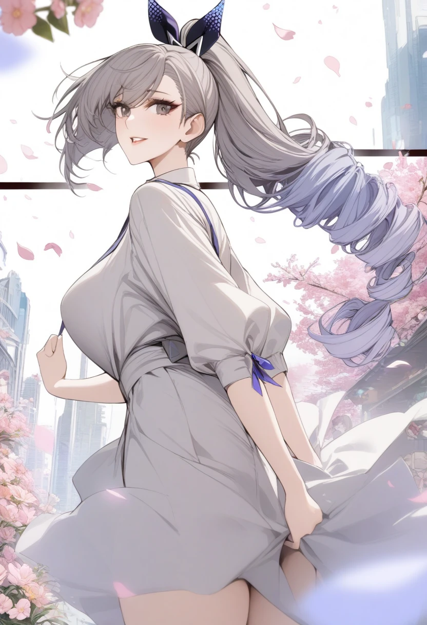 masterpiece, best quality, very aesthetic, absurdres, 1girl, mature_lady, ,silver_wolf, gray eyes, high ponytail,,surrounding by flowers,falling_petals, outdoors, petals,,,blur background,background defocus,floating hair,