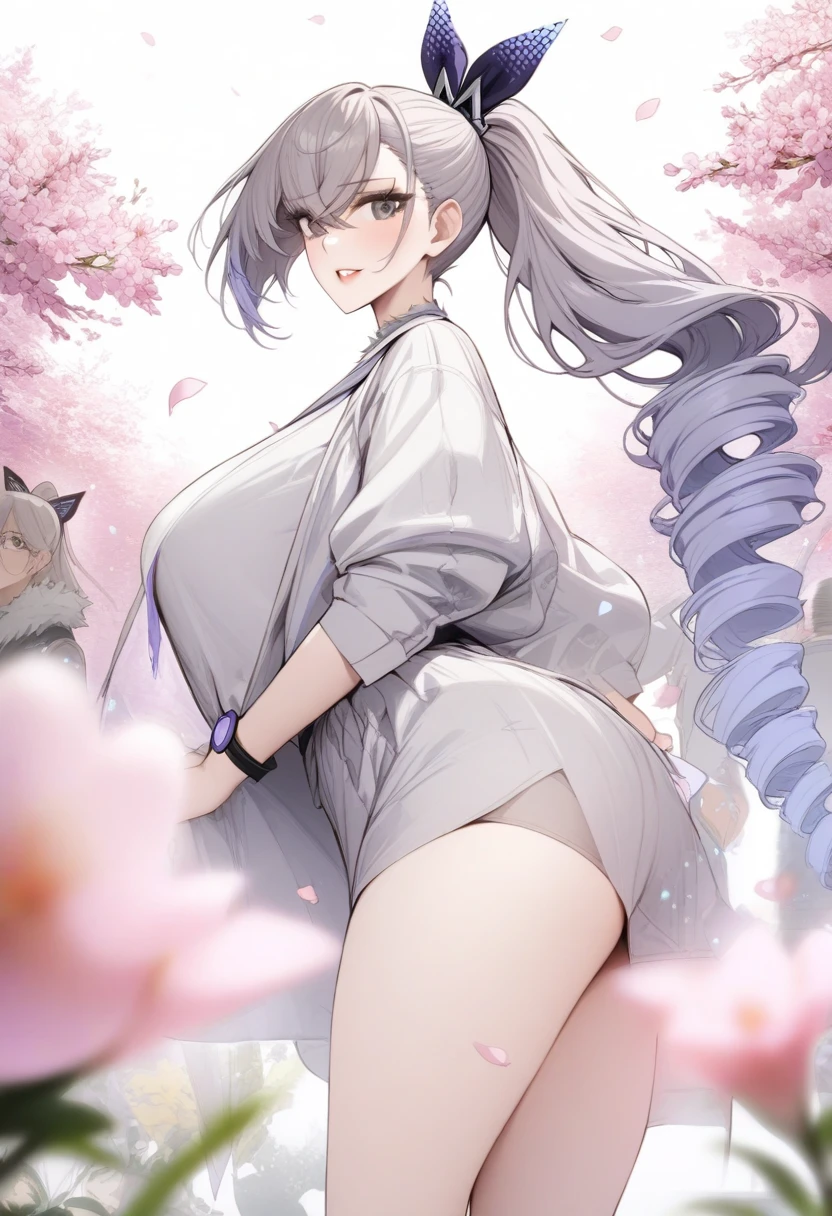 masterpiece, best quality, very aesthetic, absurdres, 1girl, mature_lady,  ,silver_wolf, gray eyes, high ponytail,,surrounding by flowers,falling_petals, outdoors, petals,,,blur background,background defocus,floating hair,