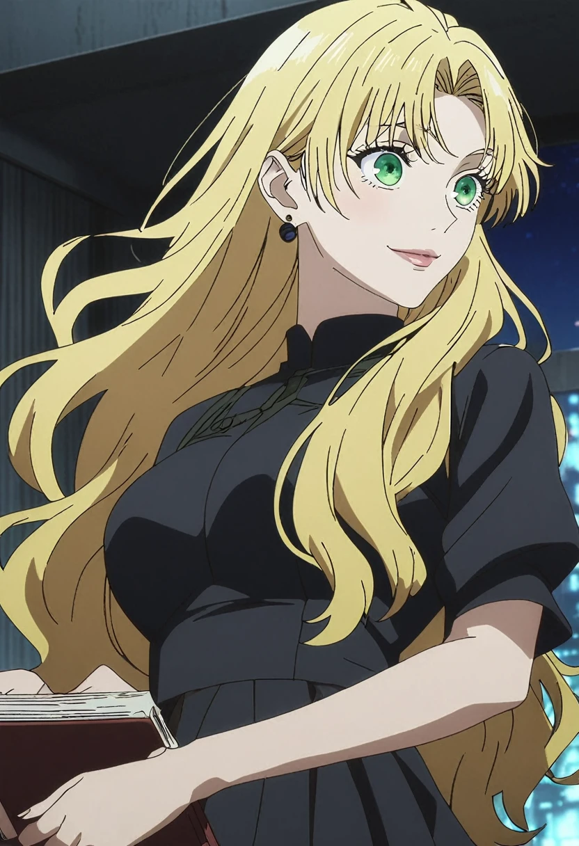 1girl, female gojo satoru, anime screencap from jujutsu kaisen, gojo satoru female version, solo, long_hair, ((green eyes)) ((Yellow hair,  wavy hair)), night view, (hanging breasts) upper_body, smile, indoors, book, lips, (long hair) ((wearing black color dress, no design, orange button)) breast, "very detailed and high resolution" (green eyes) ((solo)) (((front view))) (earings) ((high resolution)) ((good quality)) ((silky hair)) 