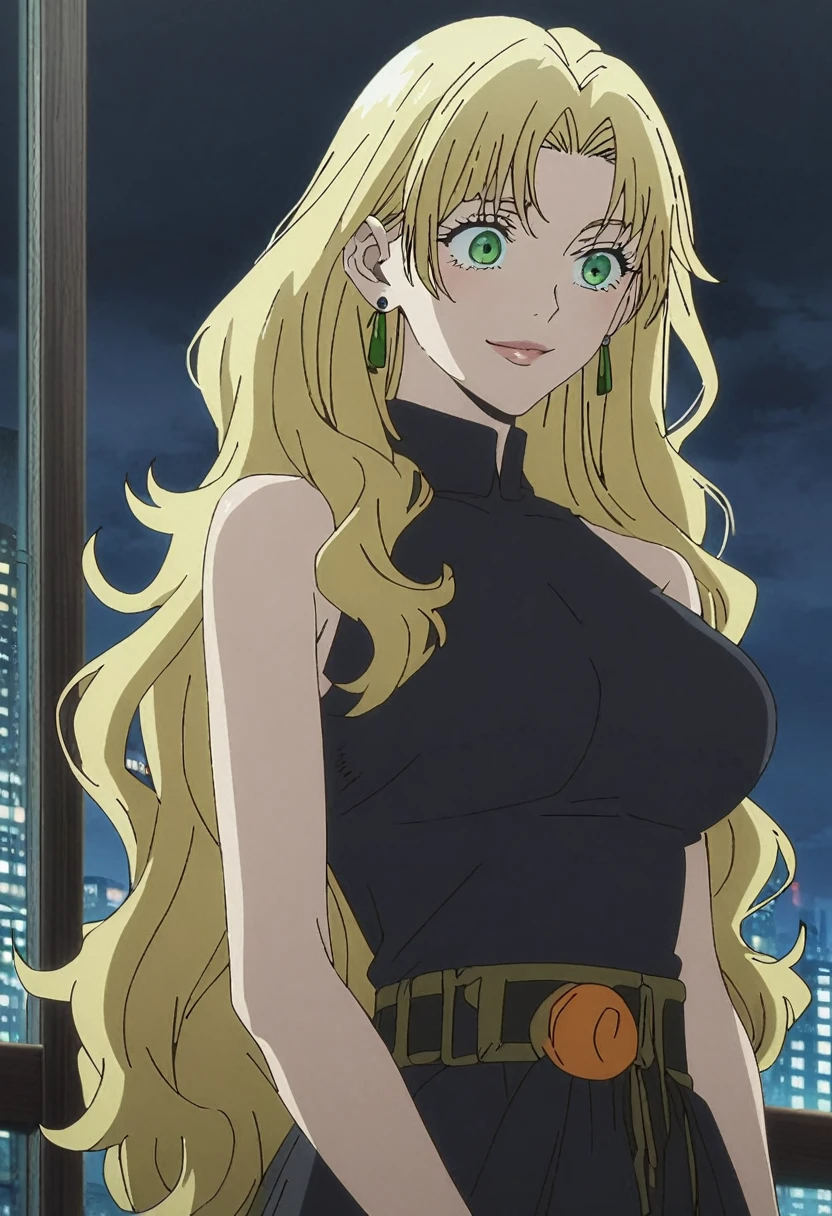 1girl, female gojo satoru, anime screencap from jujutsu kaisen, gojo satoru female version, solo, long_hair, ((green eyes)) ((Yellow hair,  wavy hair)), night view, (hanging breasts) upper_body, smile, indoors, book, lips, (long hair) ((wearing black color dress, no design, orange button)) breast, "very detailed and high resolution" (green eyes) ((solo)) (((front view))) (earings) ((high resolution)) ((good quality)) ((silky hair)) 