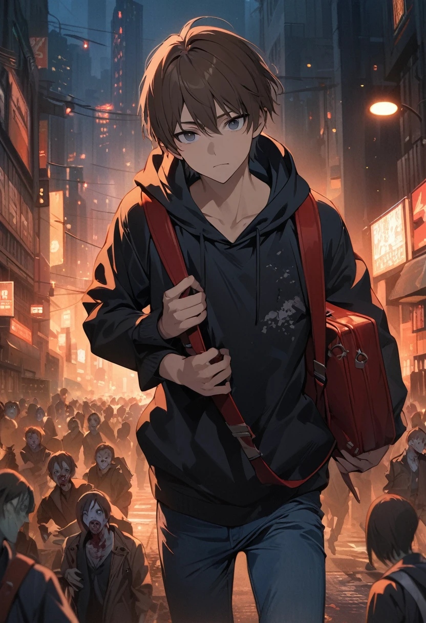 (BEST QUALITY), (MASTERPIECE), illustration, Extremely_detail, 4k wallpaper , midnight, man,black hoodie parka, blue jeans, 18 years old , brown Hair, short hair, black eyes, Carrying a red bag, smart, Background of the city, Zombies