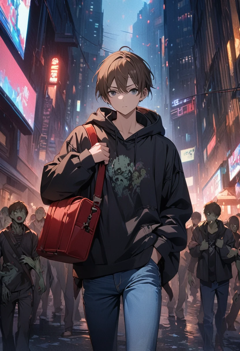 (BEST QUALITY), (MASTERPIECE), illustration, Extremely_detail, 4k wallpaper , midnight, man,black hoodie parka, blue jeans, 18 years old , brown Hair, short hair, black eyes, Carrying a red bag, smart, Background of the city, Zombies