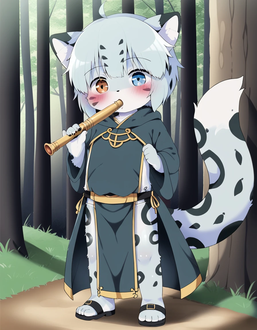 毛茸茸of, Fraction_of, fox, 独自of, furry , 毛茸茸of, Blue and white, Flute, Tail, 可爱of, 短of, Heterochromia, Cartoon, Flat Color, 简单of阴影, Full body portrait,Forest Background, 模糊of背景, Cub, male,Chivalrous Costume,