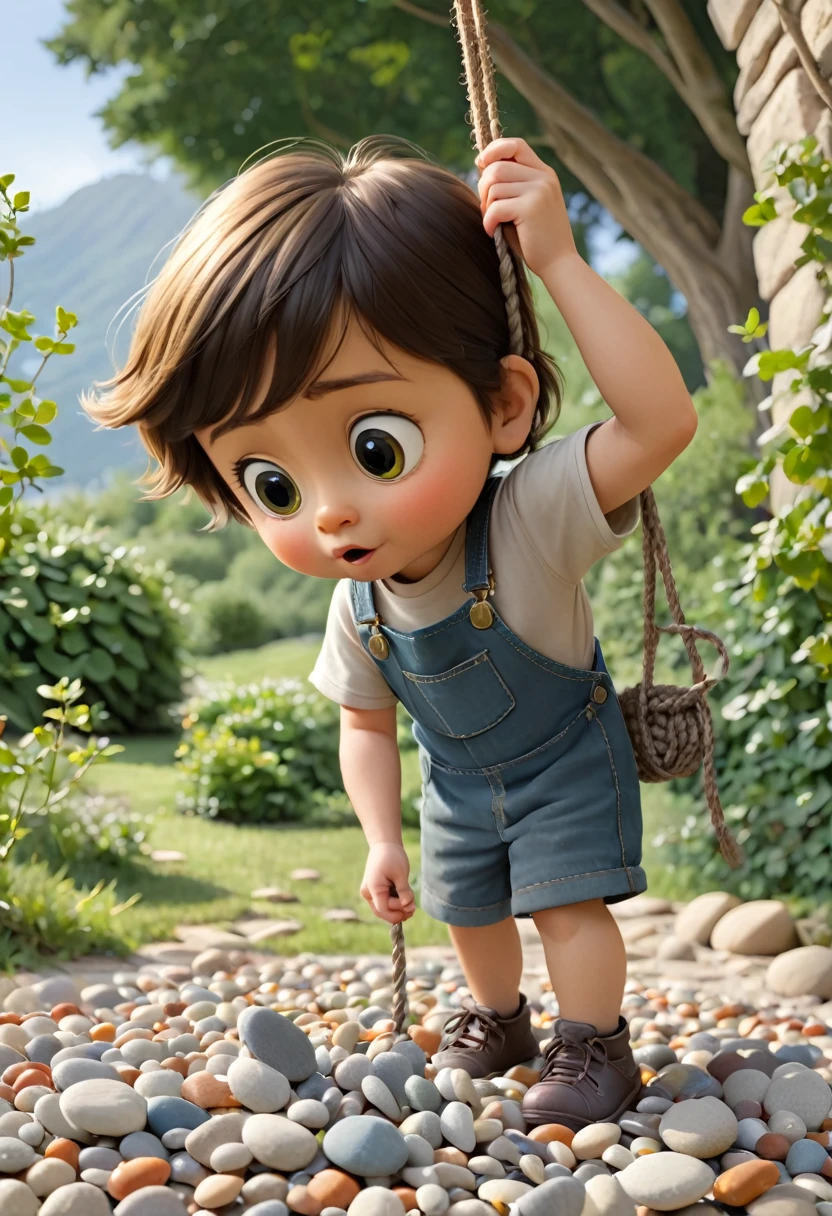 A Small kid made out of pebbles standing while tearing himslef apart and hanging the pebbles to an older version of themselve made out of stone 