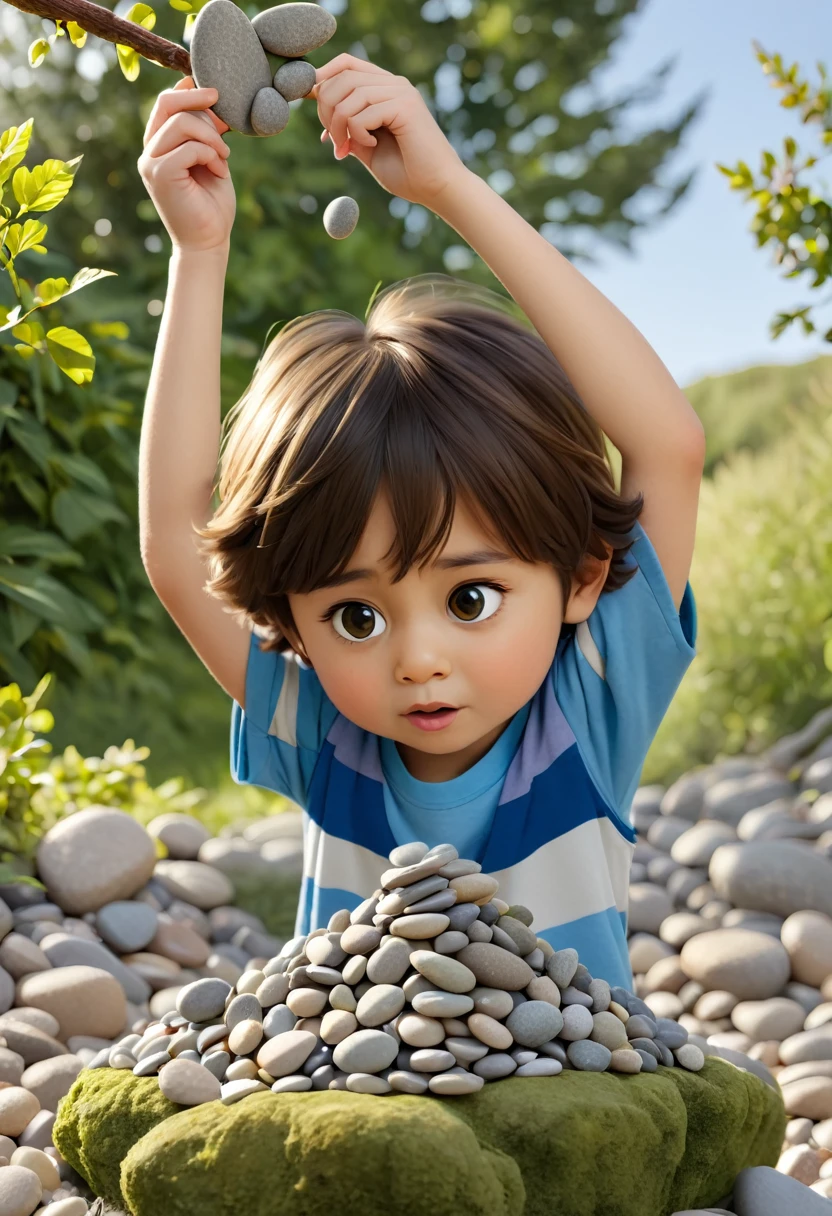 A Small kid made out of pebbles standing while tearing himslef apart and hanging the pebbles to an older version of themselve made out of stone 