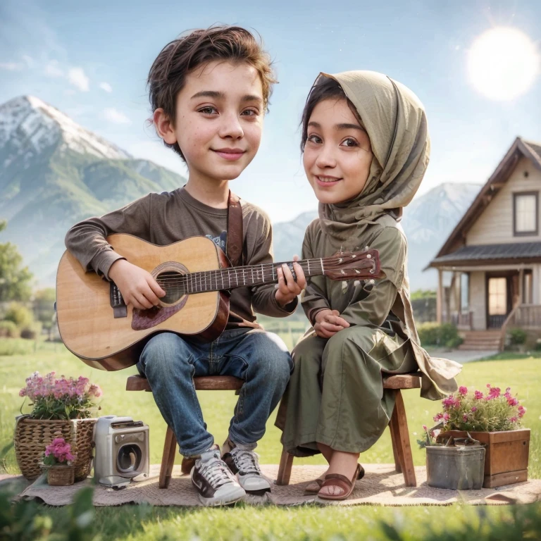 Masterpiece, HD resolution, high detail, realistic, 4K, (1 man short hair) , age 30 years old, guitar, 1 girl wearing hijab age 25 years old, mature face, background view landscape, house, smile