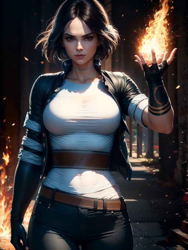 30-year-old woman, alone, alone, athletic, dark hair, white band on her forehead, white shirt, open black jacket, black hip-length pants, thin brown belt, wears black fingerless gloves that cover almost all of her forearm, serious look looking at viewer, fire coming out of his hand, cinematic, ultra sharp focus, award winning photography, perfect contrast, high sharpness, depth of field, ultra detailed photography, global illumination, fluid, ultra high definition, 8k, Unreal Engine 5, ultra-sharp focus, award-winning photography, art season trends,
