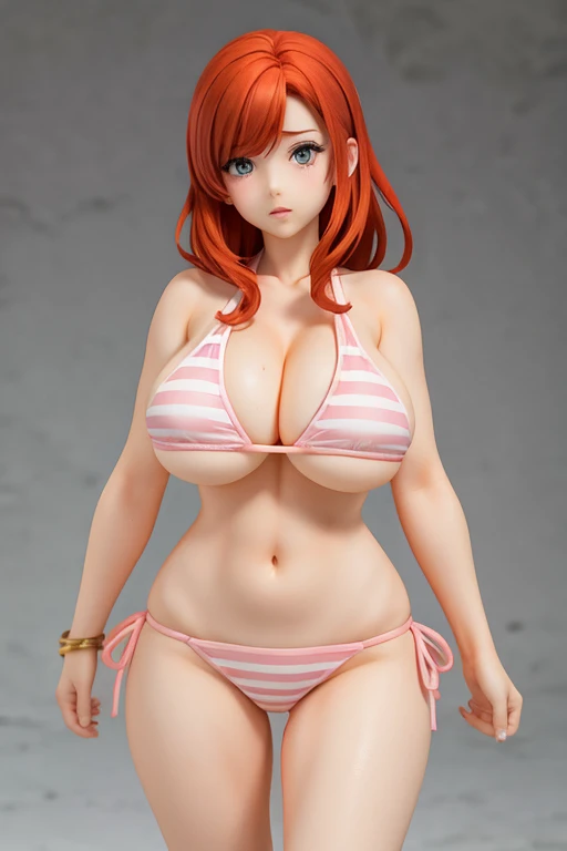 figure of a big breast redhead, sweaty cleavage, pink and white striped mini bikini