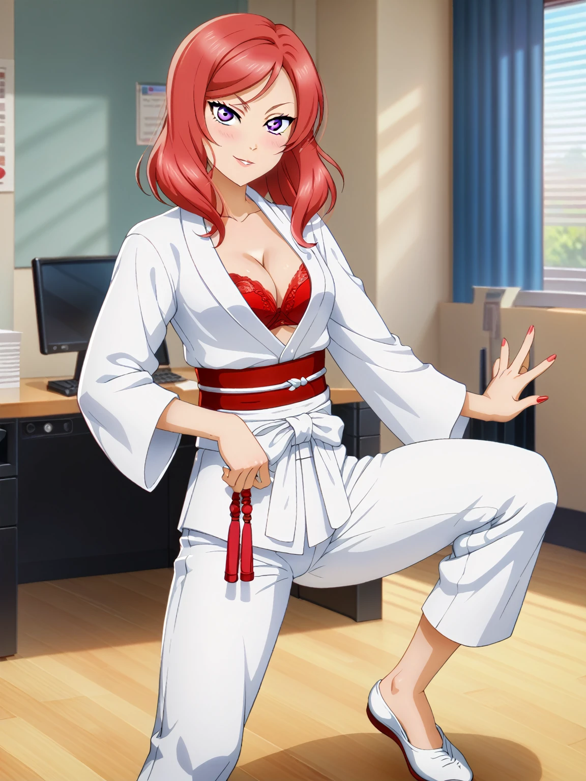 masterpiece, best quality, nishikino maki,red hair, purple eyes, karate gi,karate pants, , Sexual son, sexualised ,ine , from view