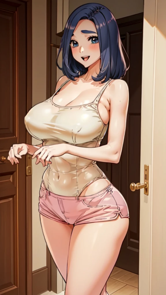 DiaSongdef
best quality, masterpiece, ultra-detailed, high quality, 1girl, solo, breasts, looking at viewer, smile, short hair, blue eyes, large breasts, 1girl, mature female, beautiful, beautiful and perfect face, smile, open mouth, looking at viewer, (white t-shirt:1.1, pink shorts:1.1), see through, large breasts, cleavage, large ass, curvy body, perfect hands, detailed hands, detailed female body, POV, close shot, from the front, standing, in home, open the door, leaning forward