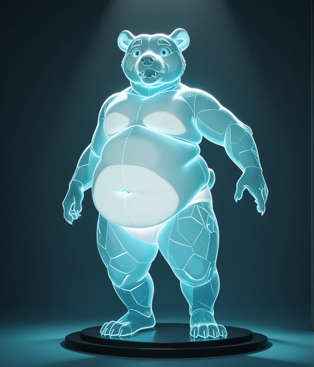 (((translucent glass sculpture:1.2))), defiant pose, cute, obese, anthro lavender bear cub, transparent belly, luminiscent cyan eyes, glowneon, intricate details, extremely detailed, best quality, hires textures, cinematic lighting, casting a gentle glow on its surroundings, warm light, cyan briefs