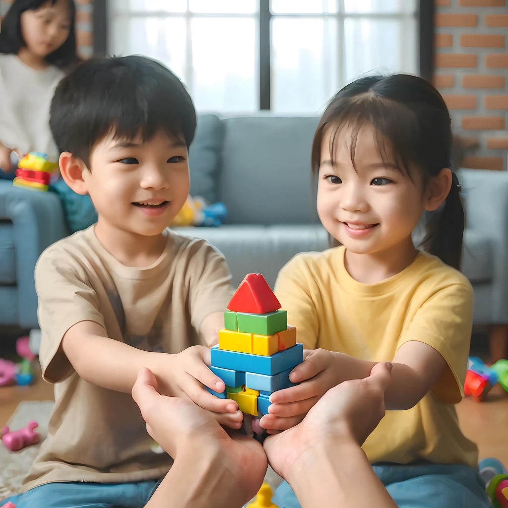 point of view, POV right hands holding giving toys, in front of him there were two asian kids(boys and girl) happy playing in the living room, Ultra HD --v 6.0, soft brightness, soft bright lighting, daylight lighting