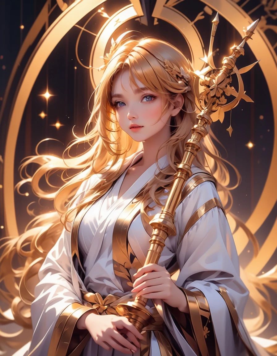 a beautiful young girl in anime style, detailed face, long golden hair, wearing a white robe with yellow stripes, holding a golden staff, elegant figure, intricate details,fantasy,dramatic lighting,warm color palette,cinematic composition,highly detailed,masterpiece,4k,photorealistic