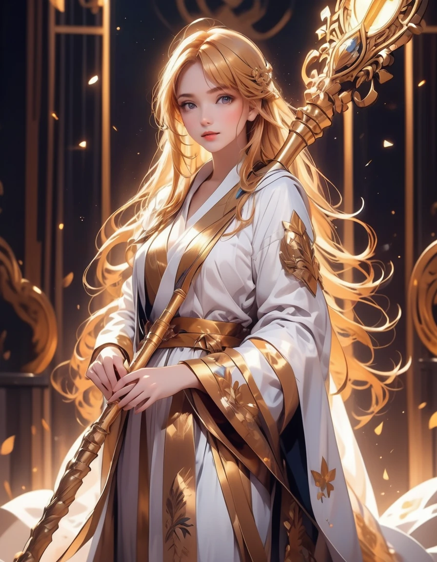 a beautiful young girl in anime style, detailed face, long golden hair, wearing a white robe with yellow stripes, holding a golden staff, elegant figure, intricate details,fantasy,dramatic lighting,warm color palette,cinematic composition,highly detailed,masterpiece,4k,photorealistic