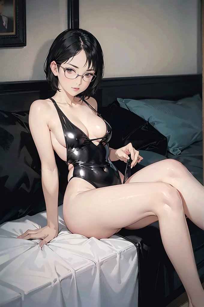 1 female、young、((Short black hair、Black-rimmed glasses))、Small breasts、(BLACK latex one-piece swimsuit)、Sensual look、Sit with your legs apart、Sexy pose、Looking into the camera、On the bed