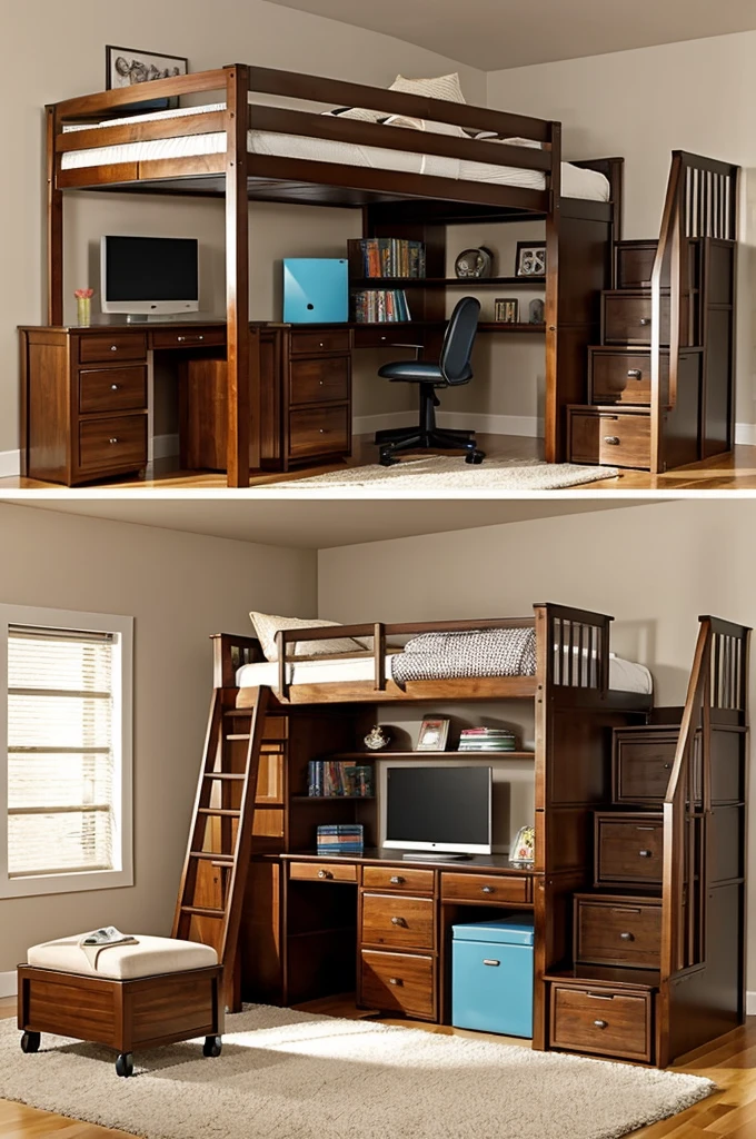 Create A small square room that can fit a family of 5 with a loft bed and 2 computer table with a gaming chair. The stairs of loft bed is designed with drawers and can put a stuff. 