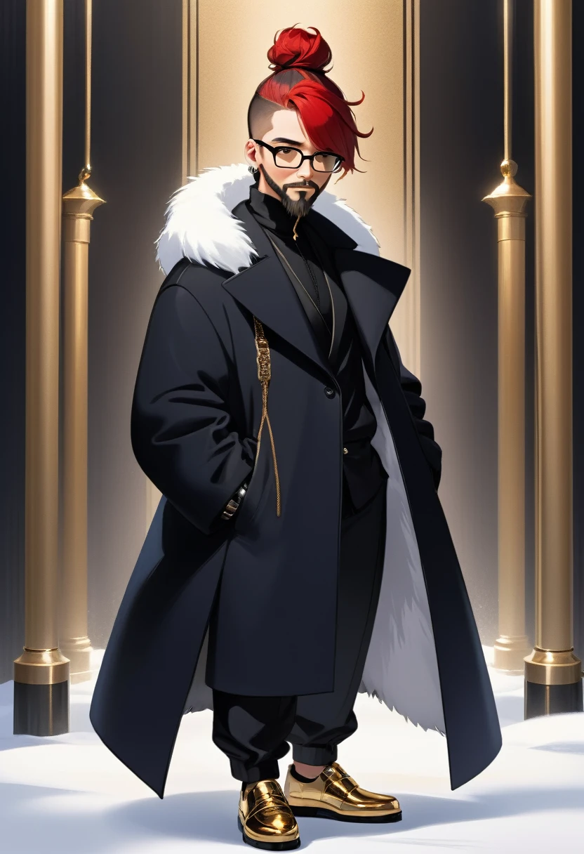  young man, male gender, black and red hair in a sidecut bun, very light goatee beard, hazel eyes. Large black coat with white fur on the sides covered, silver watch, big gold earring, small round dark glasses, dark blue shoes, Wide black pants.