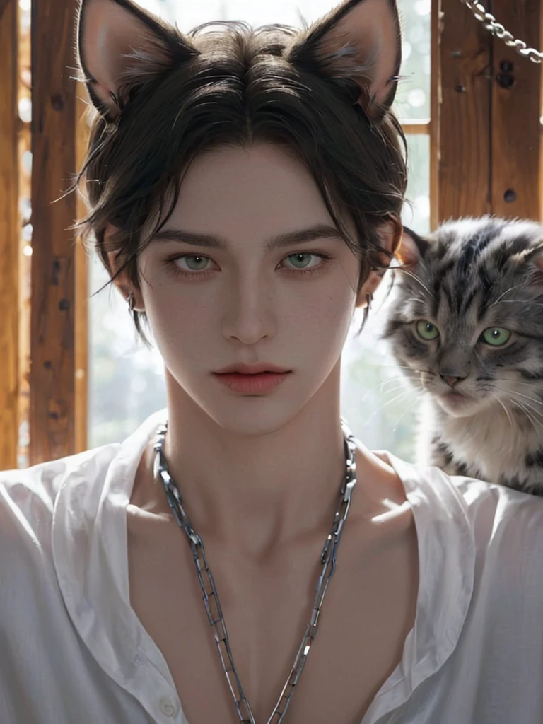 1 boy, portrait, earrings, One,lips, male focus, green eyes, I look at the viewer,Black shaggy hair, short hair, closed mouth, tall and skinny, but a muscled guy in a cage in chains. Torn white clothes. Boy 16 years old. Beautiful. Yellow eyes with cat pupils. fluffy cat ears. Fantasy world.animal ears, fluffy cat ears, yellow eyes, short hair, Hair in front of ears, accuracy, a high resolution, masterpiece, realistic anatomy, Best quality, high quality, very detailed,