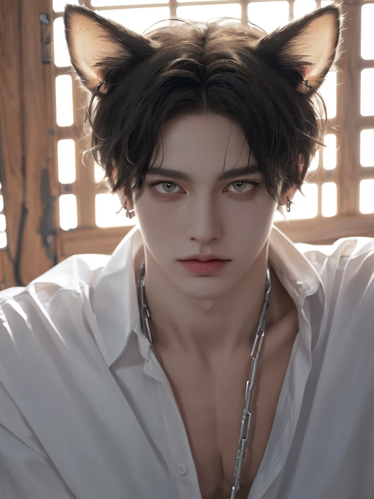 1 boy, portrait, earrings, One,lips, male focus, green eyes, I look at the viewer,Black shaggy hair, short hair, closed mouth, tall and skinny, but a muscled guy in a cage in chains. Torn white clothes. Boy . Beautiful. Yellow eyes with cat pupils. fluffy cat ears. Fantasy world.animal ears, fluffy cat ears, yellow eyes, short hair, Hair in front of ears, accuracy, a high resolution, masterpiece, realistic anatomy, Best quality, high quality, very detailed,