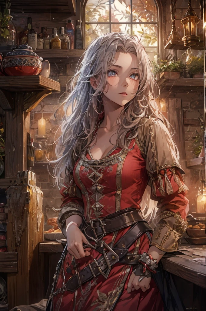 1girl, a highly detailed, photorealistic 8K image of a beautiful young woman with long, curvy, messy silver hair and ruby color eyes, set in a fantasy secluded old and small tavern, red and white peasant tunic, high leather boots, (dawning light), pink hue cheek, (gentle expression), award winning, high resolution, ((set in medieval))