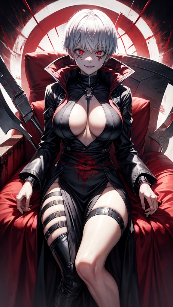 Cosplay Kaneki, wearing Kaneki Lumine mask, danger, solo, crazy and evil smile, villain, bloodstains, wearing short clothes, breasts big, neckleace, Tattoo on Underbelly,legs spread open,a chair,a giant scythe, highly-detailed eyes, high-detailed face, highly detailed background, looking ahead at viewer