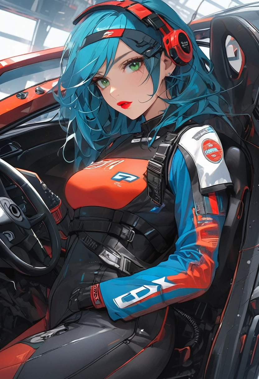 A young and very sexy and beautiful adult woman with large green eyes, long Blue hair and heavily inspired in cyberpunk art. Impeccably make up with red lipstick, dark eyeshadow accentuating her bright eyes. She's dressed in an racing automobilist suit (Use the colors F72798, F57D1F and EBF400 for the suit). Sporting large, colorful headphones, she giving a side look tô the camera. The background is just a black canvas.