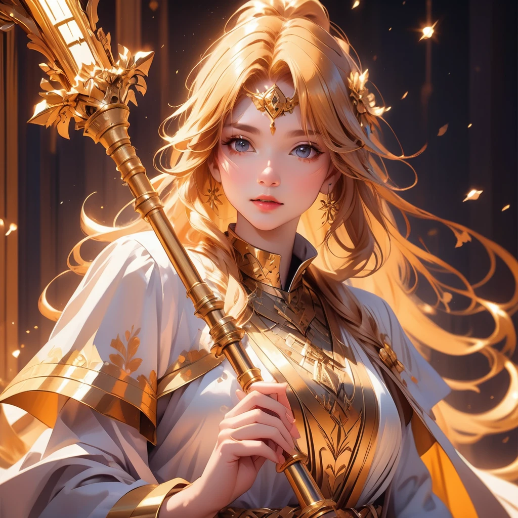 a beautiful young girl in anime style, detailed face, long golden hair, wearing a white robe with yellow stripes, holding a golden staff, elegant figure, intricate details,fantasy,dramatic lighting,warm color palette,cinematic composition,highly detailed,masterpiece,4k,photorealistic