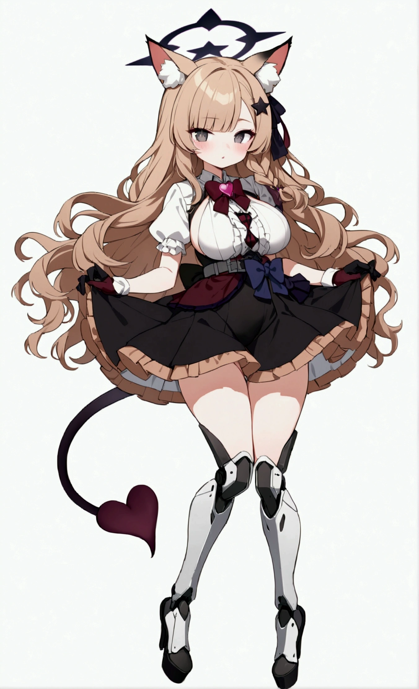 Woman 170cm tall, big chest, wide hip, charming look, (dark blonde hair), ((hip length loose wavy hair, asymmetrical bangs, a star hairpin in her hair)), (a short braid on the left and right side of the hair above the breasts), ((Gray eyes with a pink 4-pointed star in the pupil)), (two black fox ears located on the top of the head), (black halo with luminous purple on the head), ((It has a small black succubus tail that ends in the shape of a Vinotinto heart)), (((It has complex mechanical legs that reach up to the thighs., the legs are dark gray with burgundy and black parts))), (elegant thigh-length one-piece dress, small Vinotinto bowtie on the neck of the dress, white bust with vertical black lines, ruffles in the middle of the bust, ruffled skirt, short sleeves with ruffles, ribbon decorations on the dress), elegant Vinotinto gloves with white ruffles, Black platform heels, (gray belt at the waist with a large ribbon with a luminous pink heart in the middle), black necklace with a heart pendant on the neck, (((character design sheet: front view))), ((whole body)), extremely detailed beautiful hair, beautiful detailed dress, extremely detailed arms, extremely detailed face, (Extremely detailed hands), perfect hands, small face, Beautiful detailed eyes, beautiful detailed lips, adorable, extremely detailed legs, (Best Quality, 8k, high resolution), ultra detailed, Exquisite character art, ((White background)), (Focus on symmetry), (beautiful detailed succubus tail), (only one woman in the picture), sitting pose.