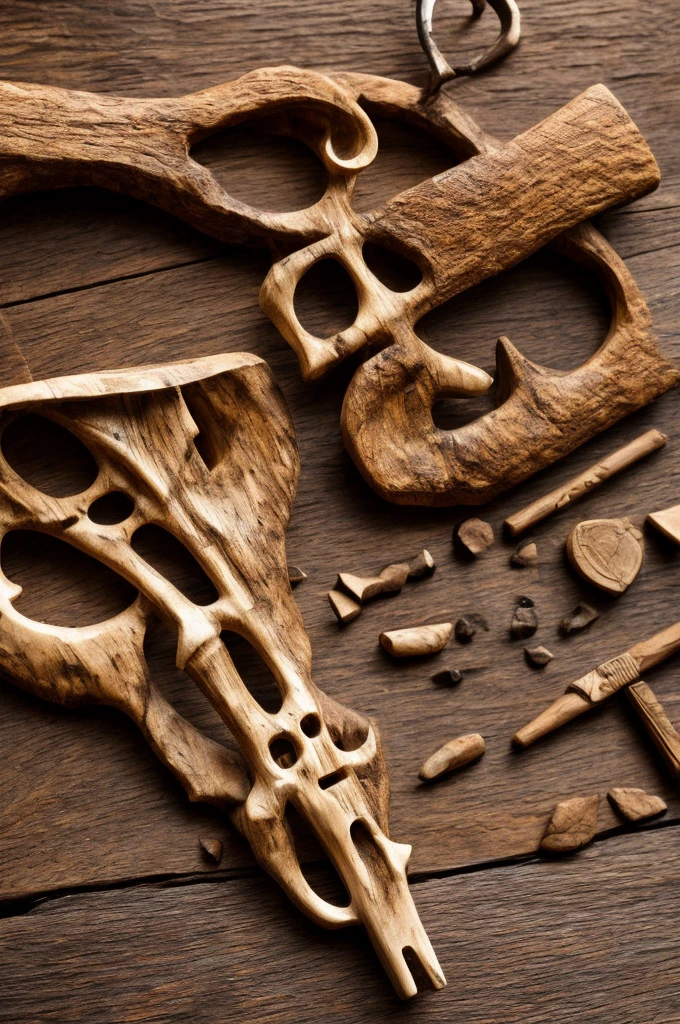 Create a hyper-realistic 4K image of a stylized bone trombone. The trombone should feature intricate carvings and patterns reminiscent of ancient tribal designs. The bone texture should be highly detailed, showing natural wear and age. The sliding sections and other moving parts are adorned with worn leather strips and rustic embellishments. Place the trombone against a backdrop of dark, weathered wood to enhance its ancient, mystical appearance. Use soft, ambient lighting to highlight the carvings and texture of the bone.