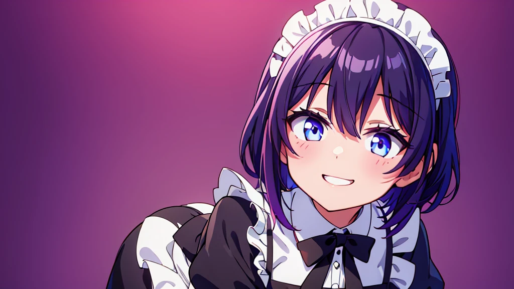 1 girl , short purple hair, cute eyes, wearing maid uniform , black and white maid uniform, smiling , , high res, ultrasharp, 8K, masterpiece, looking at viewer