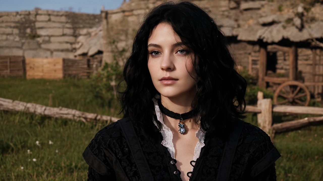 portrait of a 22 year old woman, short curly black hair. smooth and white skin, blue eyes and wearing black witch clothes. Medieval fantasy style. A somewhat indifferent and arrogant look.