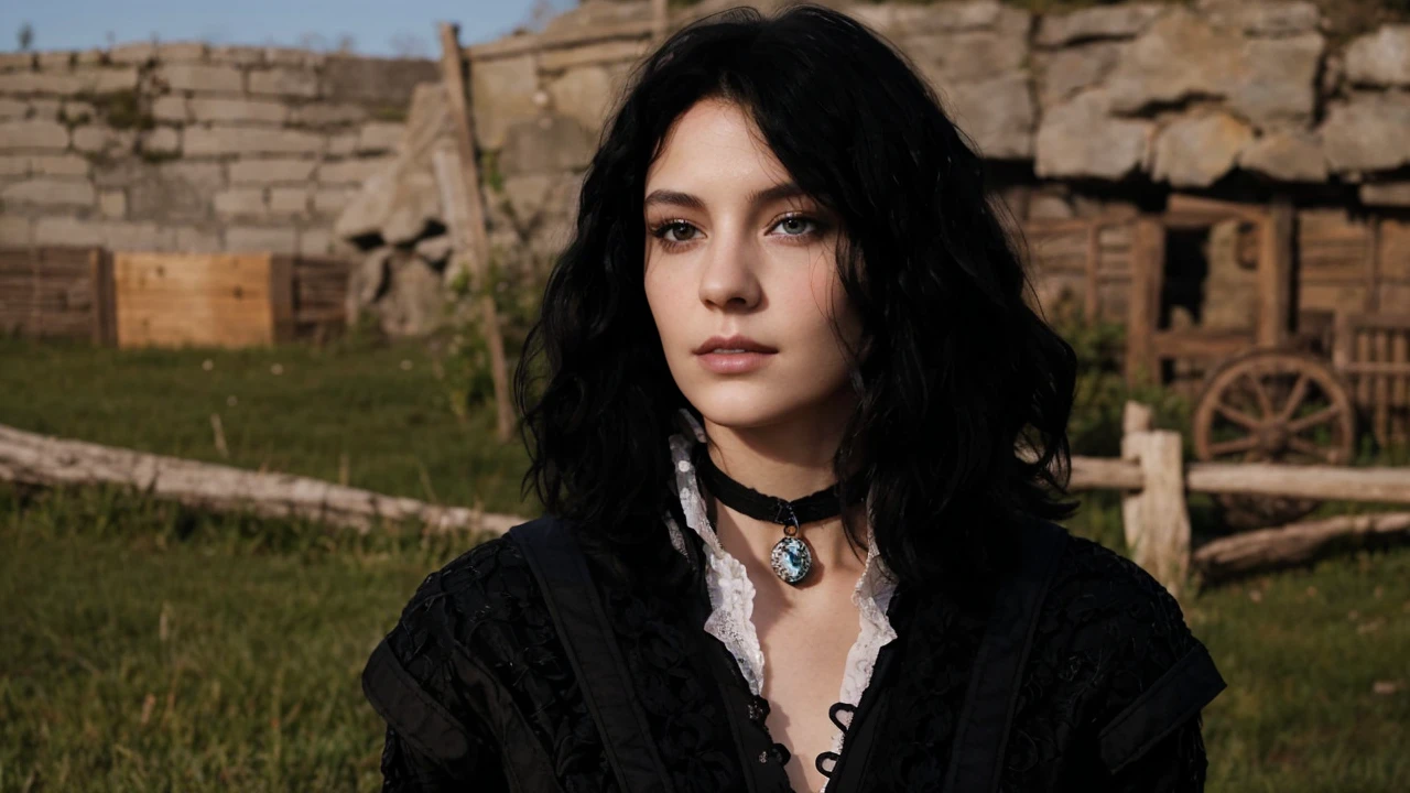 portrait of a 22 year old woman, short curly black hair. smooth and white skin, blue eyes and wearing black witch clothes. Medieval fantasy style. A somewhat indifferent and arrogant look.