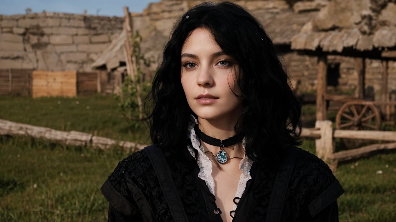 portrait of a 22 year old woman, short curly black hair. smooth and white skin, blue eyes and wearing black witch clothes. Medieval fantasy style. A somewhat indifferent and arrogant look.