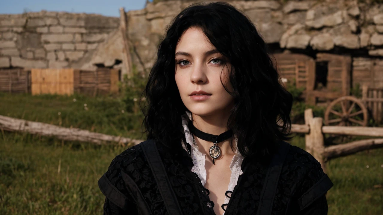 portrait of a 22 year old woman, short curly black hair. smooth and white skin, blue eyes and wearing black witch clothes. Medieval fantasy style. A somewhat indifferent and arrogant look.