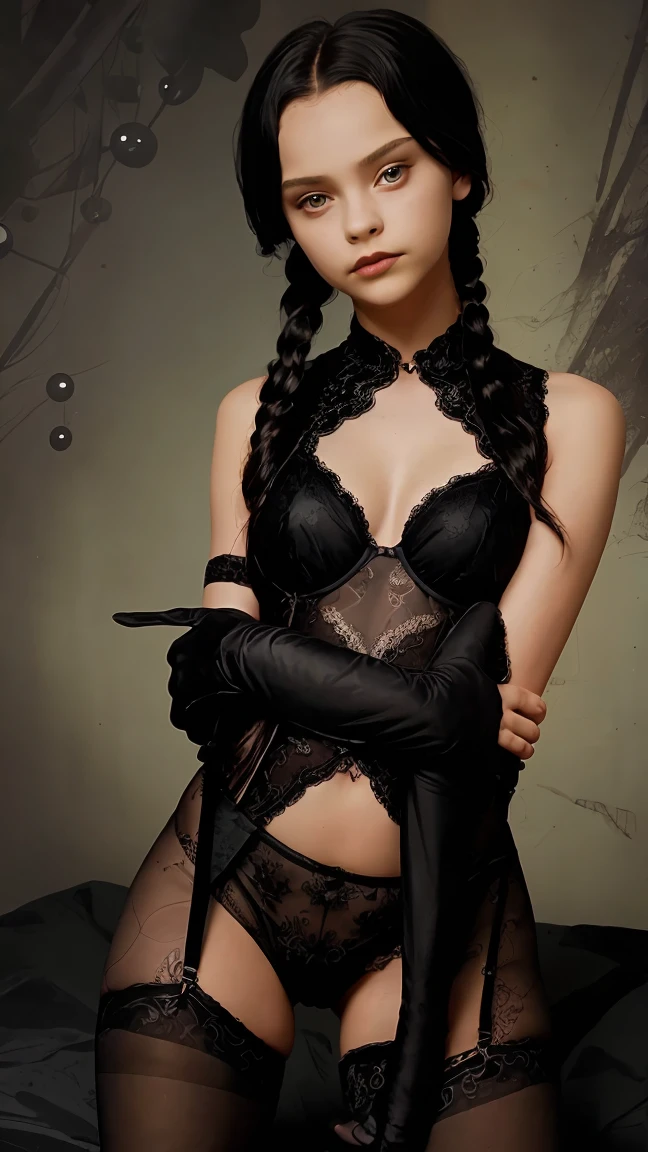 wednesday90,(((girl 10 years old))) ,sexy girl in dark lace lingerie and lace stockings,lace gloves large,open legs and arms,hair with two braids,dark lipstick