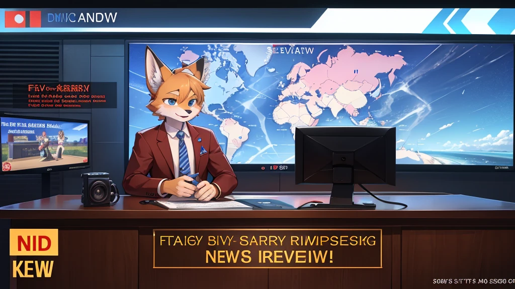 fox boy,Television anchor,8k resolution,high resolution,最high resolution,News-like caption,Broadcasting station logo,Casual wear,Display the emergency alert message below,Like I was in a hurry.,Display the word KMOTV in the upper right corner