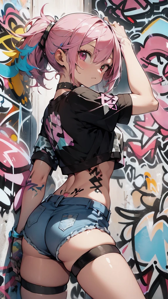Absurd, Highest quality,One girl, alone, Happy, villain, Striped pink hair, Crop top, Denim shorts, choker, (graffiti:1.5), Paint splashes, Put your arms behind your back, (Hunchback), Lean back, Against the wall, (Tilt to the side:0.25), View your viewers, Armband, Thigh straps, Striped Hair, body paint, Upturned eyes, Head Down, Tilt your head, (From the side:0.75), boredom, (Expressionless:0.75)