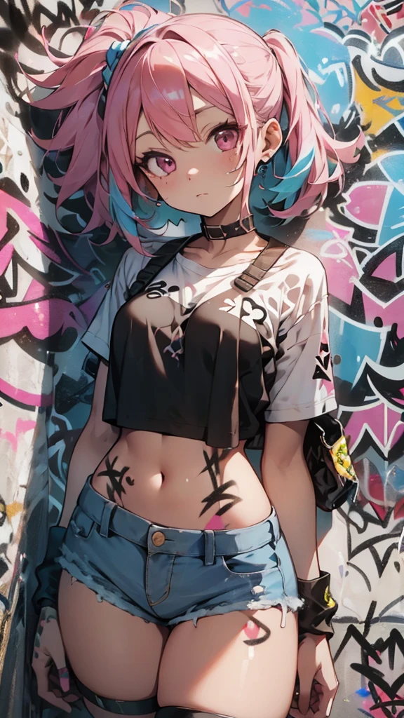 Absurd, Highest quality,One girl, alone, Happy, villain, Striped pink hair, Crop top, Denim shorts, choker, (graffiti:1.5), Paint splashes, Put your arms behind your back, (Hunchback), Lean back, Against the wall, (Tilt to the side:0.25), View your viewers, Armband, Thigh straps, Striped Hair, body paint, Upturned eyes, Head Down, Tilt your head, (From the side:0.75), boredom, (Expressionless:0.75)