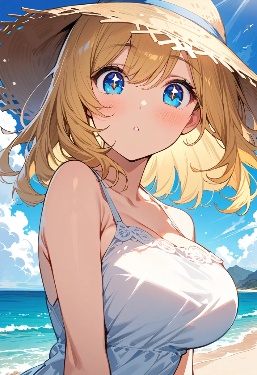 A cute girl in a swimsuit(original bikini swimsuit)(Small body) (:1.5), (blonde:1.5)(eyelash:1.2)(eye shadow:1.3) (Blue eyes:1.5), (Beautiful fine details:1.4) (Short Bob Hair:1.4), (Blue eyes)(Big Breasts:1.3) (White skin:1.2)Height: 130cm, original character,