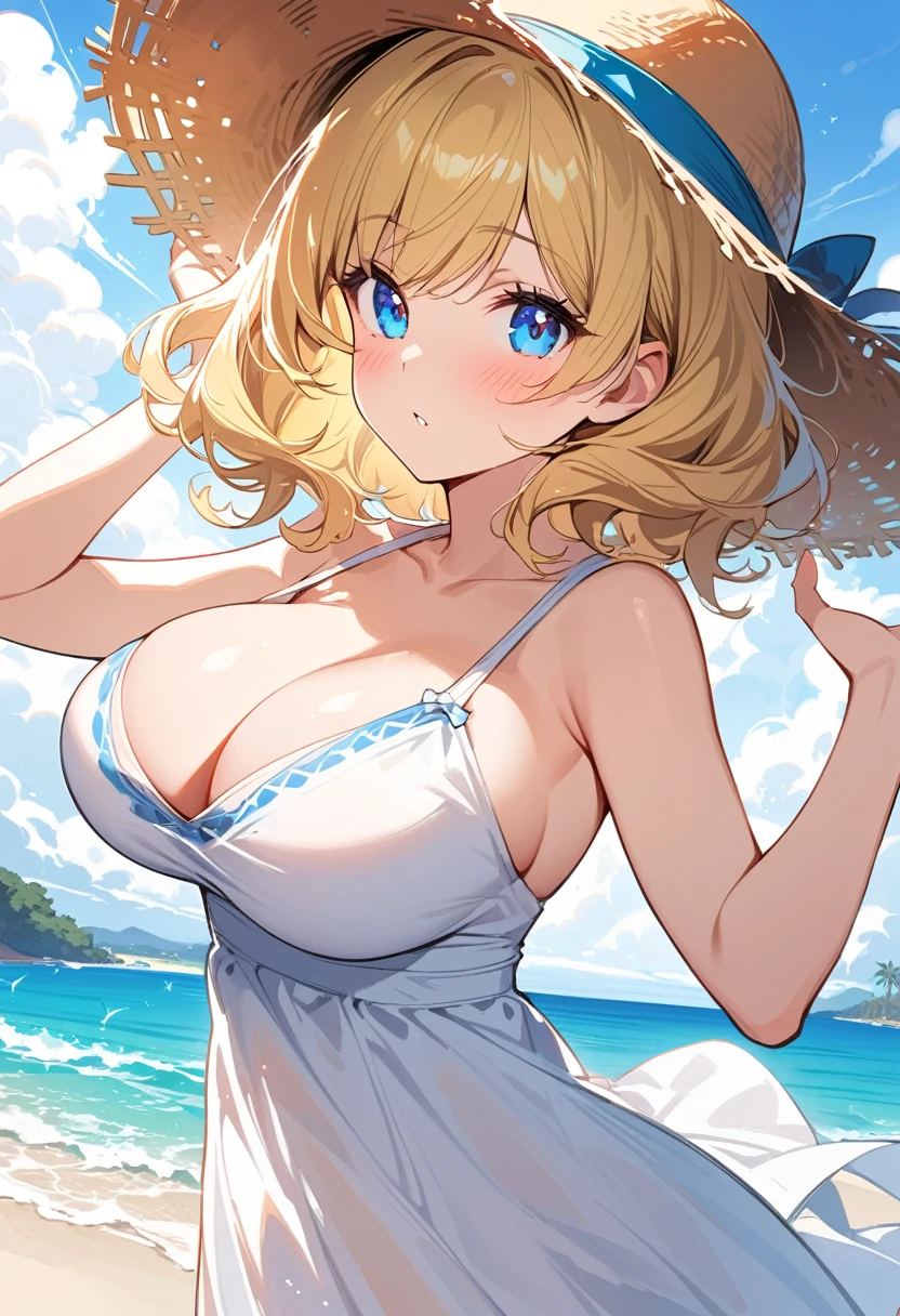 (Highest quality), (Very detailed), (Best illustrations), (Detailed eyes), (One girl), Gal, View the viewer, Straw hat, (Sundress:1.2), (Very large breasts:1.2), Curved body, blush, Blonde, (Bobcut), Curly Hair, Hair between the eyes, Sparkling(In the eyes), blue eyes, (Beach:1.3), Wind