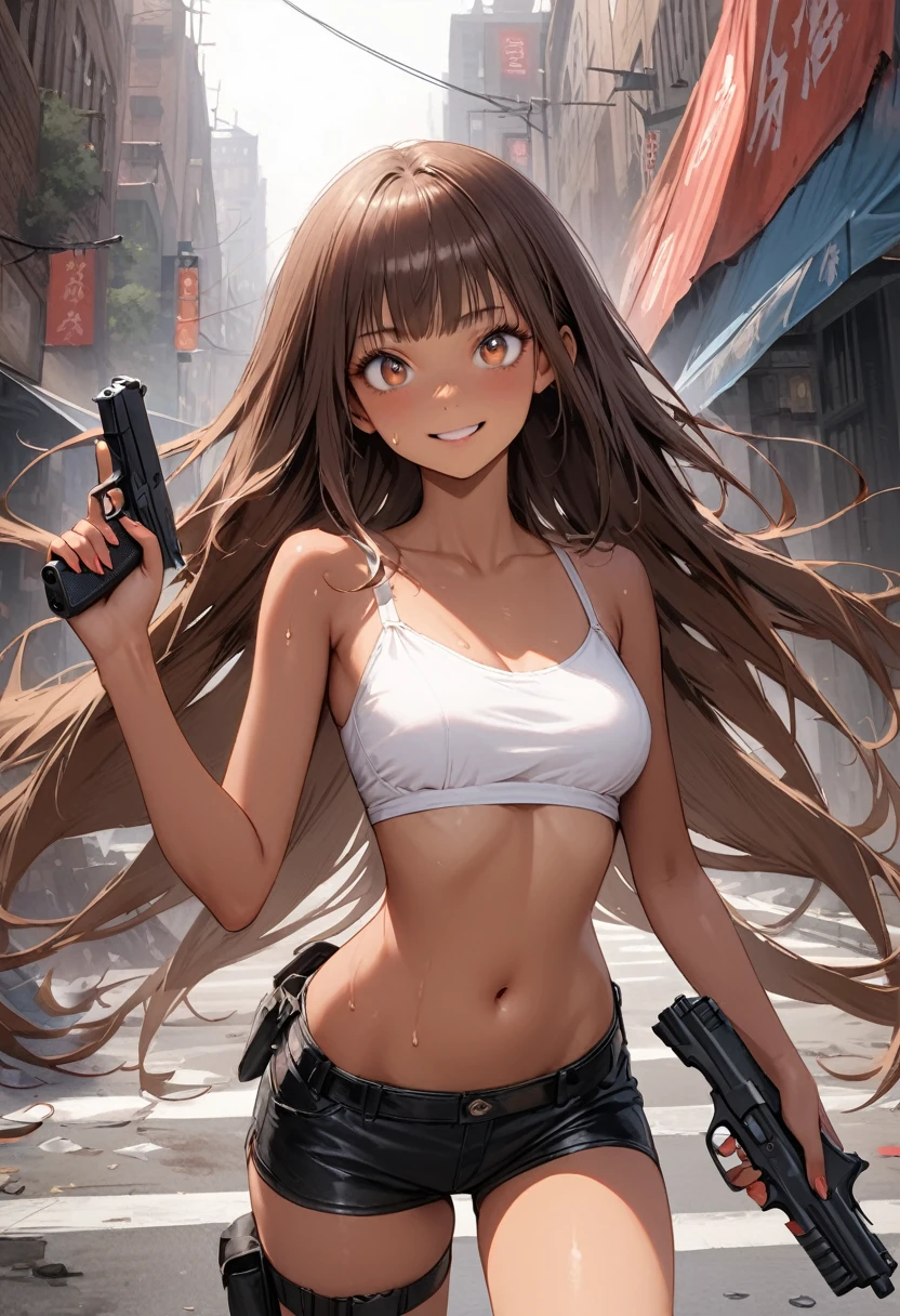 Dynamic gun action scenes、Woman shooting down zombieasterpiece,Highest quality:1.3,best quality illustration)),(realistic),cowboy shot,独奏,1woman,25 year old beauty,brown hair,long hair,bangs,brown eyes,(gorgeous big eyes),((very small head:1.3)),A strong smile,((very long body:1.2,skinny)),((tan skin:1.4)),medium breasts,White tube top bra、navel,Black leather micro shorts、Leg Holster,((Holding a handgun in your hand)),gleaming skin,slender body,sweat,standing,Collapsed Buildings、on street,New York City、Resident Evil World、