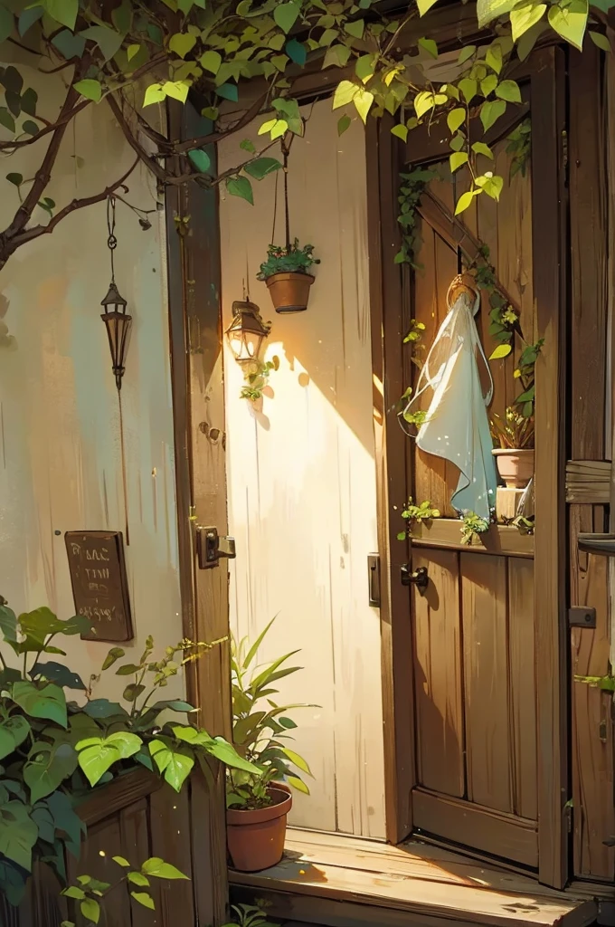 I need a rustic door in the style of a magical fairy with plants and decoration