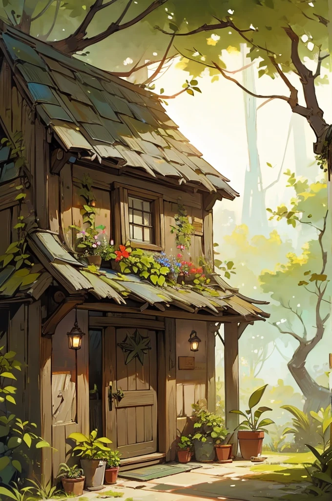 I need a rustic door in the style of a magical fairy with plants and decoration